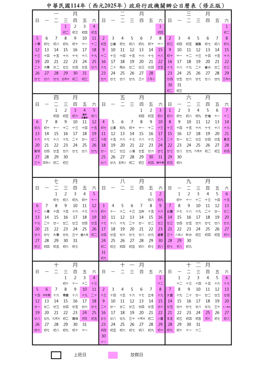 2025行事曆更新，今年10月一共有三組連假，包含中秋連假3天、雙十國慶連假3天、台灣光復節連假3天