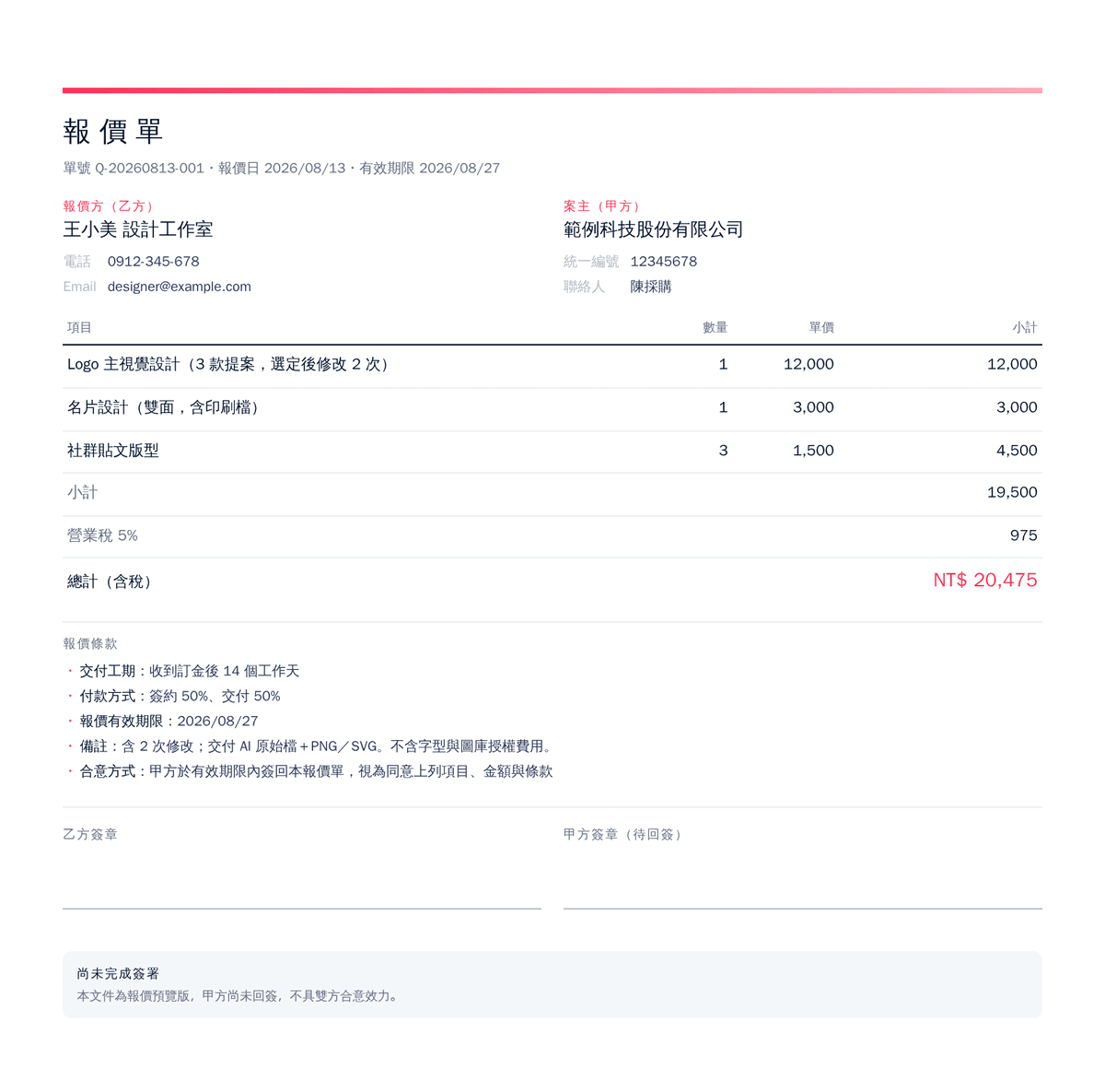 報價單範例：單號、報價日、有效期限、雙方資訊與統編、品項單價數量小計、5% 營業稅、付款方式與工期條款、雙方簽章欄